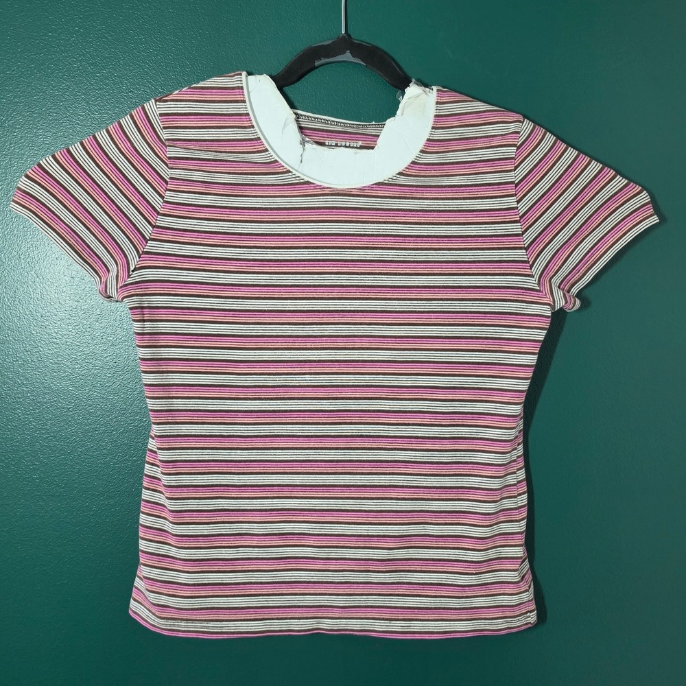 Kim Rogers Womens Pink Brown Striped Short Sleeve Ruffle Trim T-Shirt Size M